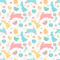 cute vector seamless pattern on Easter theme with hand drawn rabbits, chikens, flowers and colored eggs. pattern for printing on clothing, fabric, wrapping paper
