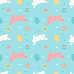 Obraz premium cute vector seamless pattern on Easter theme with hand drawn rabbits and colored eggs. pattern for printing on clothing, fabric, wrapping paper