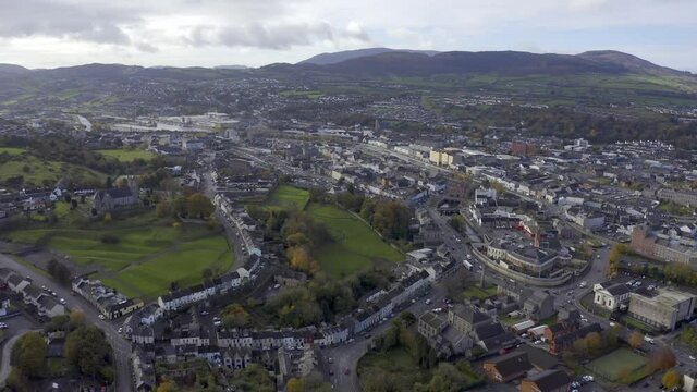 Aerial flyover of Newry city in Northern Ireland
