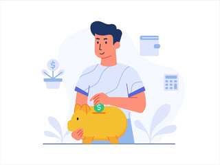 finance character concept men put coin money in piggy bank background of wallet calculator money plant with cartoon style