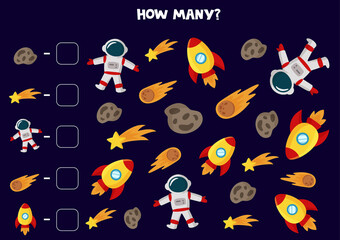 Counting game with cute cartoon space elements. Math worksheet.