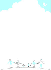 三世代家族が白い鳩と空を見上げる