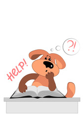 The dog is sad over the thick book. Learning is hard. Reading.