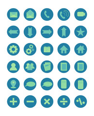 Attractive vector set of bluish round buttons and icons with message, call. document, settings, home, mail, arrow, mathematical operations, location, etc.