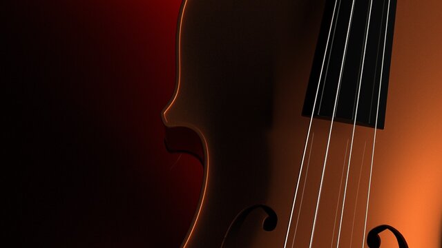 Orange classic violin on red plate under spot lighting background. 3D sketch design and illustration. 3D high quality rendering.