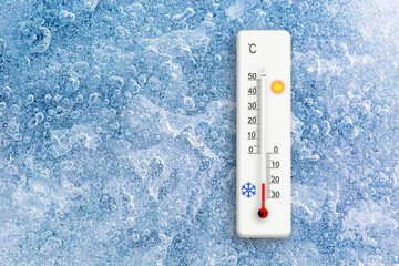 Top view of natural ice texture with celsius scale thermometer. Ambient temperature minus 20 degrees
