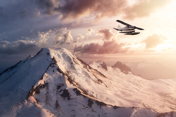 Airplane Flying over a Dramatic Aerial Landscape View of the Mountains. Sunset Sky. Adventure Composite. Background of Mount Baker, East of Vancouver and Seattle, Washington, United States.