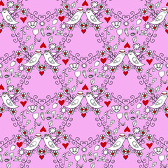 birds lovers couple seamless pattern vector, cartoon characters doodles on hearts background. These cartoon birds in love are great in paper, textiles, postcards, prints and more 