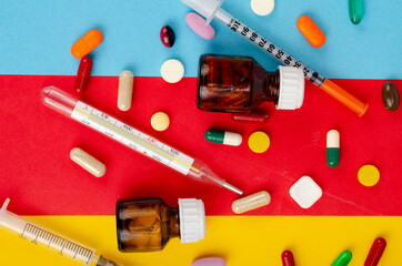 Disease and treatment. Medicine concept. Medication and packaging on bright background. Studio Photo