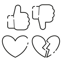 Like and dislike. Hand gestures. Thumb up and down. Yes and no. Whole and broken hearts. A symbol of love and romance. Thin line icons for web, applications and design. Minimalistic flat style. Set.
