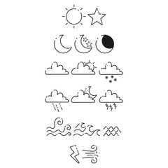 Weather. Sun, moon, star, cloud, rain, thunderstorm, snow, wind, water, fog. Nature. Thin line icons for web, applications and design. Minimalistic flat style. Set.
