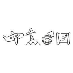 Vacation travel. Airplane, island with a palm tree in the ocean, treasure map, cocktail with an umbrella in a coconut. Thin line icons for web, applications and design. Minimalistic flat style. Set.