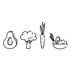 Healthy food, balanced diet. A bowl of green vegetables and rice. Carrots, broccoli, carrots, cut avocado. Thin line icons for web, applications and design. Minimalistic flat style. Set.