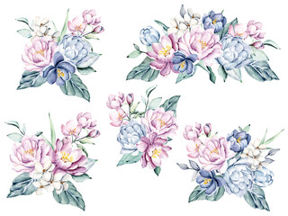 Fototapeta na wymiar Floral set watercolor flowers hand painting, vintage bouquets with pink and blue peonies. Decoration for poster, greeting card, birthday, wedding design. Isolated on white background.