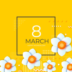 Bouquet of Narcissus Flowers. Happy Womens Day. 8 March. Mothers Day. Spring time paper cut style. Square frame. Yellow background. Space for text. Geometrical shapes.