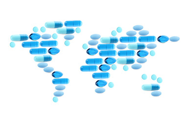 World map made of different pills on white background