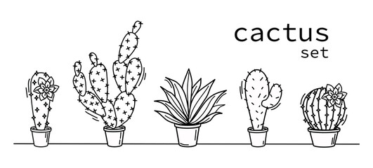 A set of cacti on a white background. Vector contour illustration.