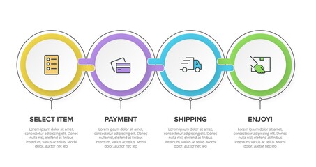 Concept of shopping process with 4 successive steps. Four colorful graphic elements. Timeline design for brochure, presentation, web site. Infographic design layout.