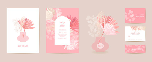 Modern minimal Art Deco wedding vector Invitation set. Boho orchid, pampas grass, lunaria card template © wooster
