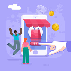 E-commerce, online mobile shopping with one click. Group of people stand near big phone, buy products online. Modern vector illustration