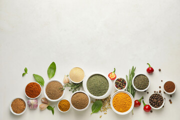 Composition with different spices and herbs on light background