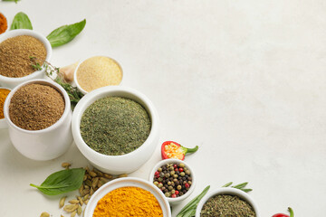 Composition with different spices and herbs on light background