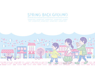 春の桜の街並み　買い物に歩く家族