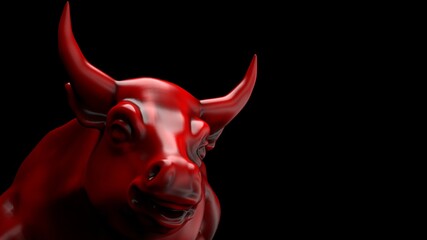 Red bull sculpture. Sculpted casting depicting a bull in dramatic contrasting light representing financial market trends on spot lighting background. 3D illustration. 3D high quality rendering. 3D CG.