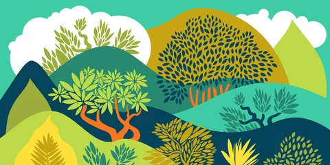 Tafelkleed Heuvelachtig landschap met bomen, struiken en planten. Planten kweken en tuinieren. Bescherming en behoud van het milieu. Dag van de Aarde. Park, buitenruimte, buiten. Vector illustratie. © Xenia