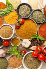 Composition with different spices and herbs on light background, closeup