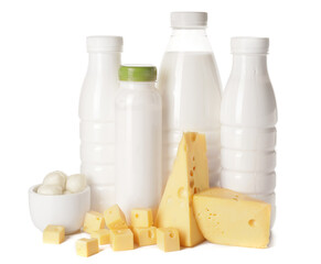 Different dairy products without lactose on white background