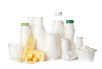 Different dairy products without lactose on white background