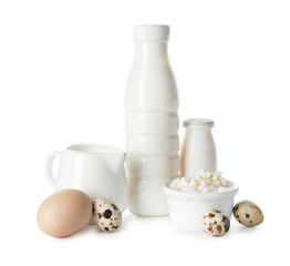 Different dairy products without lactose on white background