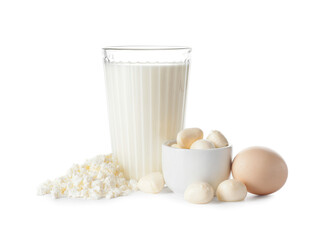 Different dairy products without lactose on white background
