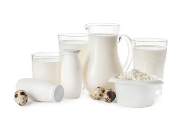Different dairy products without lactose on white background