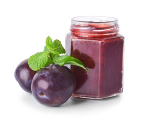 Glass jar with delicious homemade plum jam on white background