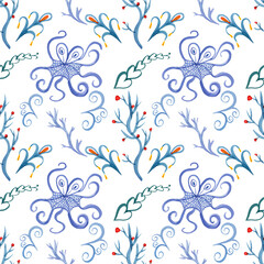 Watercolor blue octopus weed on white background