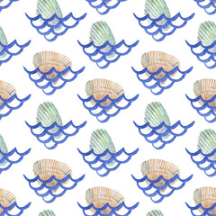 Watercolor Seashells in net seamless background