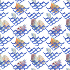 Watercolor Seashells in net seamless background