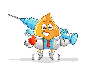 oil drop doctor holding medichine and injection vector. cartoon character