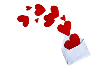 burst of hearts from an envelope on a white background