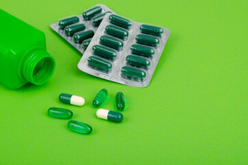 Disease and treatment. Medicine concept. Medication and packaging on bright background. Studio Photo