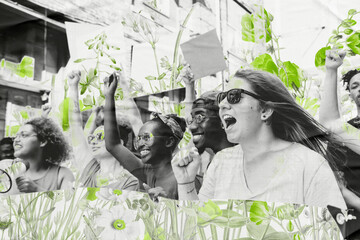 Human rights day protest teenagers cheering green floral remix background