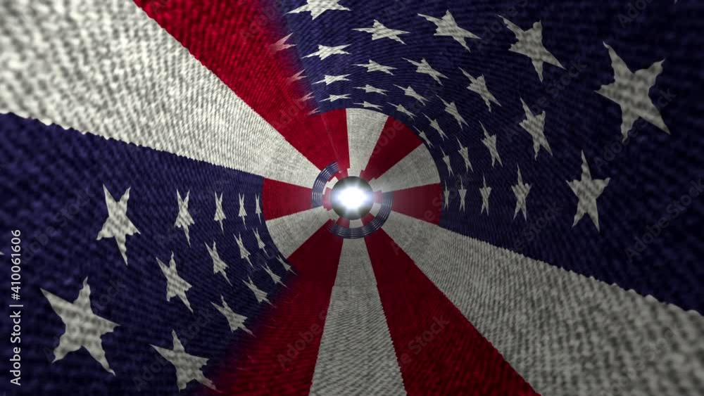 Poster abstract us american flag fly through tunnel motion background seamless loop. 4k uhd 3d rendering vj