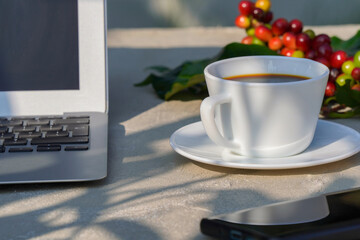 Close-up of white coffee cup with concrete background and raw coffee beans in the morning sun.