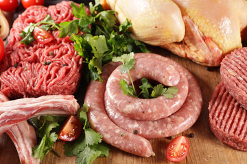 assorted of meats- sausage,  minced beef,  chicken