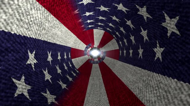 Abstract US American flag fly through tunnel motion background seamless loop. 4K UHD 3D rendering vj loop rotation. Abstract pattern of United State Flag Tunnel. Trendy motion background animation.