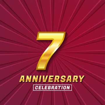 7 year anniversary celebration logotype. Logo,ribbon golden number on red background.Numbers ribbon gold foil.