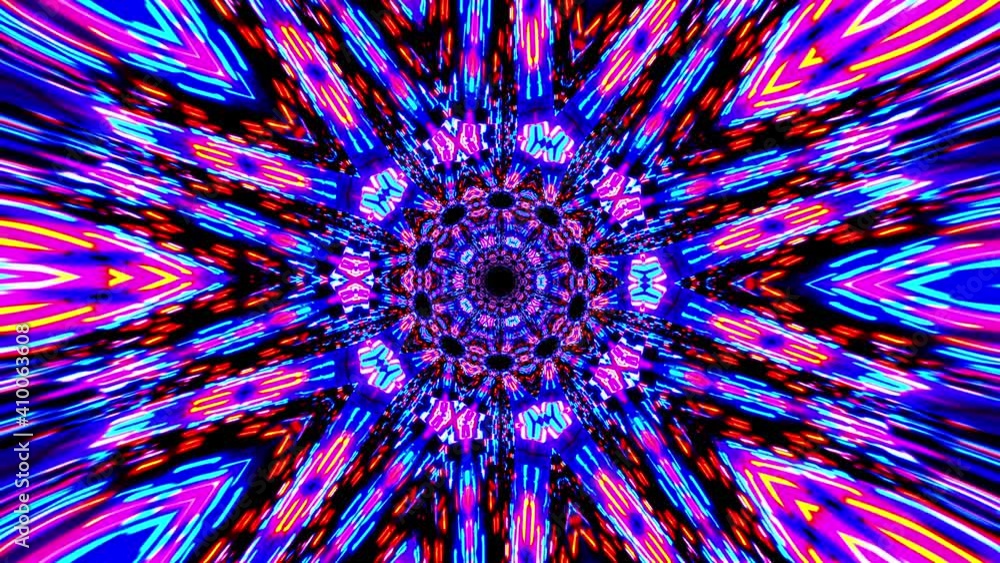 Poster abstract bright colorful fantasy mandala neon rays ornament. 4k complex geometric star composition c