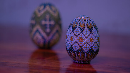 folk art, 2 beautiful bright eggs trimmed with beads (Easter)